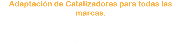 Adaptación de Catalizadores para todas las marcas.
Óptima calidad de aire y control de contaminantes
Excelentes tiempos de Instalación
Compatibles con gasolinas mexicanas.
Certificación PIREC y garantia de 15 años.